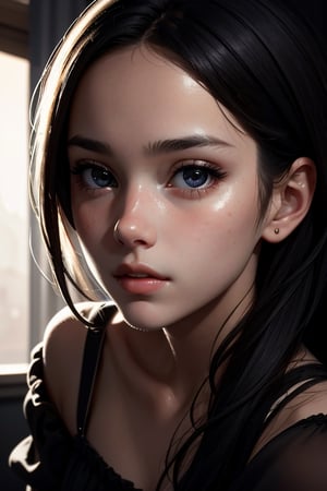 Masterpiece, close up portrait, black dress, cute girl, Extremely gorgeous young american girl, (mysterious expression), (american),(cute), cinematic lighting, hyper realistic detail