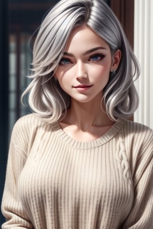 (masterpiece, best quality), mature female, silver hair, silver eyes, sharp jawline, sweater, messy hair, upper body, large breasts, close up, smirk
