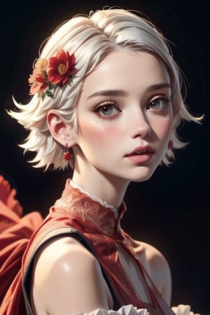  1girl, red, flower, capelet, dress, drop earrings, sexy, Etherial, earrings, cute, symmetry, solo, full face, white hair, perfect light, oil painting, fantasy, HD 
