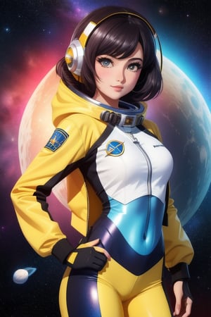 a girl, thunder yellow jacket, tight suit,Space helm of the 1960s,and the anime series G Force of the 1980s,Darf Punk wlop glossy skin, ultrarealistic sweet girl, space helm 60s, holographic, holographic texture, the style of wlop, space, 