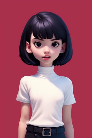 illustraion, aesthetically pleasing, 1girl, solo, slim, black hair, bobcut, bangs, black eyes, closed mouth, black shirt, short sleeves, turtleneck, upper body, standing up, realistic background