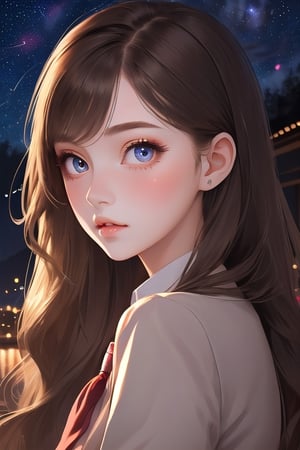 masterpiece, best quality, 1 girl, solo, ((an extremely delicate and beautiful)),school uniform, italian girl ,age 18, milky white skin,beautiful detailed eyes, at night , beautiful starry sky, ,niji