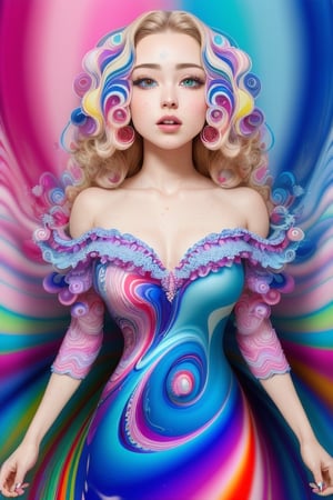 (masterpiece, best quality), 1girl, dress, wavy hair, lying, bare shoulders, blonde, jewelry, frills, (((intricate, pattern, psychedelic, surreal, abstract, swirl))), solo focus, heterochromia, splashing, vivid
