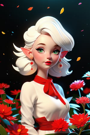 1girl, red flower, capelet, dress, drop earrings, earrings, elf, symmetry, solo, full face, white hair, perfect light, oil painting