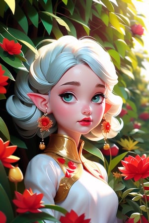 1girl, red flower, capelet, dress, drop earrings, earrings, elf, symmetry, solo, full face, white hair, perfect light, oil painting