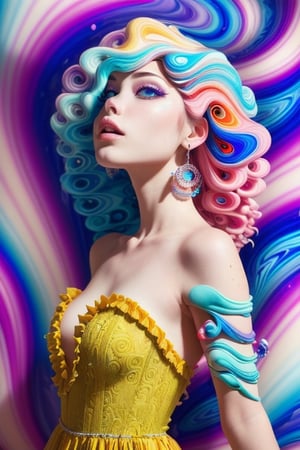 (masterpiece, best quality), 1girl, dress, wavy hair, lying, bare shoulders, blonde, jewelry, frills, (((intricate, pattern, psychedelic, surreal, abstract, swirl))), solo focus, heterochromia, splashing, vivid
