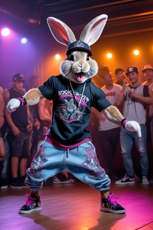 (photo style), (soft Ornate style), (HDR 8K) , ultra realisitic ,((photorealistic)) , strong muscles of a cool (cool and mischievous (rabbit) dressed as rockstar with cap and baggy clothes) half-length (breakdancing), mischievous smile , (photorealistic environment with there is public watching), (cinema lighting), (flashing lighting), (highly detailed bacgroung)
, Movie Still