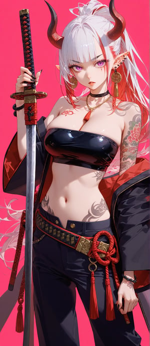 SCORE_9, SCORE_8_UP, SCORE_7_UP, SCORE_6_UP,

MASTERPIECE, BEST QUALITY, HIGH QUALITY, 
HIGHRES, ABSURDRES, PERFECT COMPOSITION,
INTRICATE DETAILS, ULTRA-DETAILED,
PERFECT FACE, PERFECT EYES,
NEWEST, AESTHETIC,

1girl, weapon, horns, tattoo, rating:safe, sword, navel, solo, pink_background, pointy_ears, oni, looking_at_viewer, jewelry, katana, breasts, sheath, white_hair, long_hair, oni_horns, midriff, shoulder_tattoo, bare_shoulders, facial_mark, sarashi, holding_weapon, earrings, belt, bandaid, stomach, jacket, nail_polish, ponytail, holding, cleavage, clothes_writing, simple_background, piercing, pink_skin, medium_breasts, necklace, bracelet, purple_eyes, fingernails, collarbone, weapon_over_shoulder, red_eyes, sheathed, open_clothes, parted_lips, black_nails, nose, pants, tubetop, off_shoulder, upper_body, ear_piercing, japanese_clothes, scabbard, arm_tattoo, multicolored_hair, hand_on_hip, full_body_tattoo, large_breasts, standing, cowboy_shot, choker, bodypaint, facial_tattoo, red_background, holding_sword, bangs, sharp_fingernails, crop_top, bandages, bandeau, over_shoulder, scar, thick_eyebrows, pink_eyes, red_hair, strapless, sidelocks, beads, long_fingernails, single_bare_shoulder, wide_sleeves, floral_print, tassel, body_writing, stomach_tattoo, open_jacket