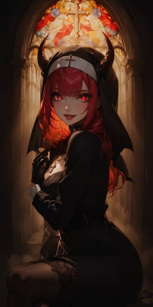 BEST QUALITY, HIGHRES, ABSURDRES, HIGH_RESOLUTION, MASTERPIECE, SUPER DETAIL, HYPER DETAIL, INTRICATE_DETAILS, PERFECTEYES, DARK EYELASHES, EYELINER, SOFT GLOWING EYES, 64K,

1girl, solo, long hair, looking at viewer, smile, open mouth, bangs, red eyes, thighhighs, gloves, long sleeves, jewelry, sitting, red hair, multicolored hair, horns, teeth, black gloves, puffy sleeves, black thighhighs, indoors, blunt bangs, necklace, glowing, fangs, demon girl, crossed legs, cross, demon horns, glowing eyes, nun, habit, cross necklace, stained glass, church,