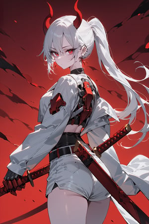 SCORE_9, SCORE_8_UP, SCORE_7_UP, SCORE_6_UP,

MASTERPIECE, BEST QUALITY, HIGH QUALITY, 
HIGHRES, ABSURDRES, PERFECT COMPOSITION,
INTRICATE DETAILS, ULTRA-DETAILED,
PERFECT FACE, PERFECT EYES,
NEWEST, 

red_background, rating:safe, sword, horns, weapon, 1girl, solo, sheath, ponytail, sheathed, red_eyes, katana, jewelry, earrings, white_hair, scabbard, holding_weapon, long_sleeves, simple_background, long_hair, looking_at_viewer, holding_sword, standing, white_coat, ear_piercing, looking_back, closed_mouth, holding, cowboy_shot, piercing, white_shorts, jacket, pale_skin, belt, devil_horns, sleeves_past_wrists, mechanical_hands, mechanical_body,