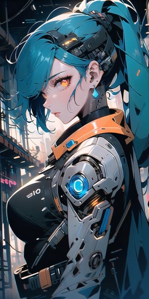 BEST QUALITY, HIGHRES, ABSURDRES, HIGH_RESOLUTION, MASTERPIECE, SUPER DETAIL, HYPER DETAIL, INTRICATE_DETAILS, PERFECTEYES, DARK EYELASHES, EYELINER, SOFT GLOWING EYES, 64K

1girl, solo, breasts, looking at viewer, jewelry, medium breasts, blue hair, upper body, ponytail, multicolored hair, earrings, from side, orange eyes, profile, science fiction, (android, cyborg, cyberpunk:1.4),