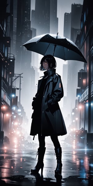 SCORE_9, SCORE_8_UP, SCORE_7_UP, SCORE_6_UP,
BEST QUALITY, HIGHRES, ABSURDRES, 4K, 8K, 64K,
MASTERPIECE, SUPER DETAIL, INTRICATE_DETAILS, PERFECTEYES,

1girl, sole_female, raining, standing in front of building,
holding black umbrella, brown_hair, black_footwear, high_heels, short_hair, jacket, high_heel_boots, boots, black_gloves, gloves, bangs, full_body, pantyhose, black_jacket, dress, brown_eyes, long_sleeves, closed_mouth, open_clothes, bob_cut, shoes, coat, short_dress, grey background, skyscraper background, toned down, real life, emotionless, modern, voulmetric light, cinematic light, dark environment, black theme