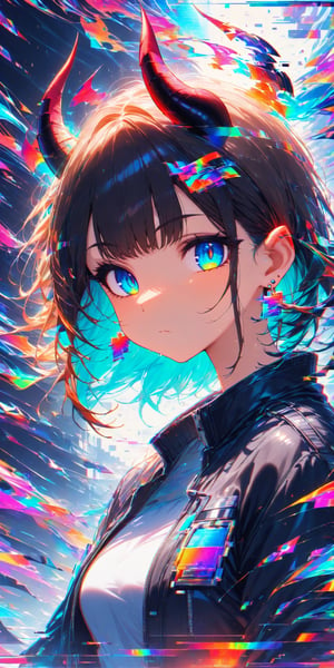SCORE_9, SCORE_8_UP, SCORE_7_UP, SCORE_6_UP,

MASTERPIECE, BEST QUALITY, HIGH QUALITY, 
HIGHRES, ABSURDRES, PERFECT COMPOSITION,
INTRICATE DETAILS, ULTRA-DETAILED,
PERFECT FACE, PERFECT EYES,
NEWEST, 

rating:safe, 1girl, solo, horns, short_hair, jacket, blue_eyes, black_jacket, bangs, closed_mouth, looking_at_viewer, black_hair, chromatic_aberration, upper_body, expressionless, shirt, jewelry, from_side, earrings, looking_to_the_side, eyebrows_visible_through_hair, ear_piercing, demon_horns, colorful, glitch effect, dark, ral-glydch, 