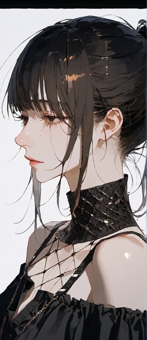 SCORE_9, SCORE_8_UP, SCORE_7_UP, SCORE_6_UP,

MASTERPIECE, BEST QUALITY, HIGH QUALITY, 
HIGHRES, ABSURDRES,
INTRICATE DETAILS, ULTRA-DETAILED,
NEWEST, AESTHETIC,

1girl, profile, ponytail, solo, lips, eyelashes, long_hair, bare_shoulders, from_side, upper_body, cleavage, black_hair, nose, closed_mouth, looking_away, bangs, black_eyes, half-closed_eyes, parted_lips, shirt, brown_eyes, collarbone, brown_hair, off_shoulder, sidelocks,