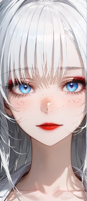 SCORE_9, SCORE_8_UP, SCORE_7_UP, SCORE_6_UP,

MASTERPIECE, BEST QUALITY, HIGH QUALITY, 
HIGHRES, ABSURDRES,
INTRICATE DETAILS, ULTRA-DETAILED,
NEWEST, AESTHETIC,

1girl, lips, solo, face, white_hair, nose, closed_mouth, (close-up:1.4), portrait, long_hair, freckles, eyelashes, bangs, makeup, simple_background, looking_at_viewer, red_lips, lipstick, hair_between_eyes, pale_skin, blue_eyes, white_skin, 