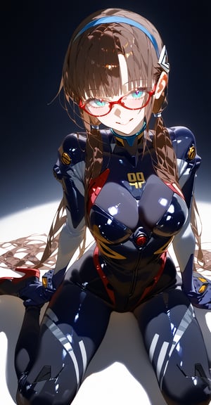 SCORE_9, SCORE_8_UP, SCORE_7_UP, SCORE_6_UP,

MASTERPIECE, BEST QUALITY, HIGH QUALITY, 
HIGHRES, ABSURDRES, PERFECT COMPOSITION,
INTRICATE DETAILS, ULTRA-DETAILED,
PERFECT FACE, PERFECT EYES,
NEWEST, AESTHETIC,

bodysuit, 1girl, glasses, plugsuit, long_hair, makinami_mari_illustrious, solo, sitting, hairband, looking_at_viewer, breasts, smile, bangs, twintails, white_bodysuit, low_twintails, gloves, aqua_eyes, pilot_suit, interface_headset, brown_hair, wariza, blue_eyes, red-framed_eyewear, blue_hairband, number, medium_breasts, large_breasts, shiny_hair, seiza, arm_support, full_body, shiny, skin_tight, mari makinami, ((black_bodysuit)), alternate_costume, (simple_background),