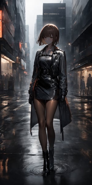 SCORE_9, SCORE_8_UP, SCORE_7_UP, SCORE_6_UP,
BEST QUALITY, HIGHRES, ABSURDRES, 4K, 8K, 64K,
MASTERPIECE, SUPER DETAIL, INTRICATE_DETAILS, PERFECTEYES,

1girl, sole_female, raining, standing in front of building, brown_hair, black_footwear, high_heels, short_hair, jacket, high_heel_boots, boots, black_gloves, gloves, bangs, full_body, pantyhose, black_jacket, dress, brown_eyes, long_sleeves, closed_mouth, open_clothes, bob_cut, shoes, coat, short_dress, grey background, skyscraper background, toned down, real life, emotionless, modern, voulmetric light, cinematic light, dark environment, black theme, facing_viewer, soaked, wet_clothes, sad_face,