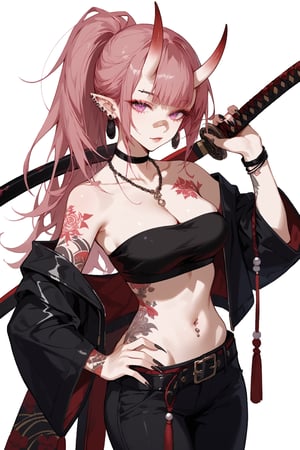 SCORE_9, SCORE_8_UP, SCORE_7_UP, SCORE_6_UP,

MASTERPIECE, BEST QUALITY, HIGH QUALITY, 
HIGHRES, ABSURDRES, PERFECT COMPOSITION,
INTRICATE DETAILS, ULTRA-DETAILED,
PERFECT FACE, PERFECT EYES,
NEWEST, AESTHETIC,

1girl, weapon, horns, tattoo, rating:safe, sword, navel, solo, pink_background, pointy_ears, oni, looking_at_viewer, jewelry, katana, breasts, sheath, white_hair, long_hair, oni_horns, midriff, shoulder_tattoo, bare_shoulders, facial_mark, sarashi, holding_weapon, earrings, belt, bandaid, stomach, jacket, nail_polish, ponytail, holding, cleavage, clothes_writing, simple_background, piercing, medium_breasts, necklace, bracelet, purple_eyes, fingernails, collarbone, weapon_over_shoulder, red_eyes, sheathed, open_clothes, parted_lips, black_nails, nose, pants, tubetop, off_shoulder, upper_body, ear_piercing, japanese_clothes, scabbard, arm_tattoo, multicolored_hair, hand_on_hip, full_body_tattoo, large_breasts, standing, cowboy_shot, choker, bodypaint, facial_tattoo, red_background, holding_sword, bangs, sharp_fingernails, crop_top, bandages, bandeau, over_shoulder, scar, pink_eyes, red_hair, strapless, sidelocks, beads, long_fingernails, single_bare_shoulder, wide_sleeves, floral_print, tassel, body_writing, stomach_tattoo, open_jacket, big_hips,