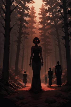 SCORE_9, SCORE_8_UP, SCORE_7_UP, SCORE_6_UP,

BEST QUALITY, HIGHRES, ABSURDRES,
MASTERPIECE, VERY AESTHETIC, 
INTRICATE DETAILS, PERFECTEYES,

red theme, horror theme, forest background,
1girl, (silhouette:1.4), backlighting, glowing eyes, short_Dress,
facing_viewer, full_body, shadows,
digital artwork by Beksinski,