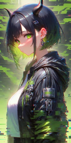 SCORE_9, SCORE_8_UP, SCORE_7_UP, SCORE_6_UP,

MASTERPIECE, BEST QUALITY, HIGH QUALITY, 
HIGHRES, ABSURDRES, PERFECT COMPOSITION,
INTRICATE DETAILS, ULTRA-DETAILED,
PERFECT FACE, PERFECT EYES,
NEWEST, 

rating:safe, 1girl, solo, horns, short_hair, jacket, blue_eyes, black_jacket, bangs, closed_mouth, looking_at_viewer, black_hair, chromatic_aberration, upper_body, expressionless, shirt, jewelry, from_side, earrings, looking_to_the_side, eyebrows_visible_through_hair, ear_piercing, demon_horns, colorful, glitch effect, (dark black theme:1.2), ral-glydch, (green theme:1.2), noises, vntblk