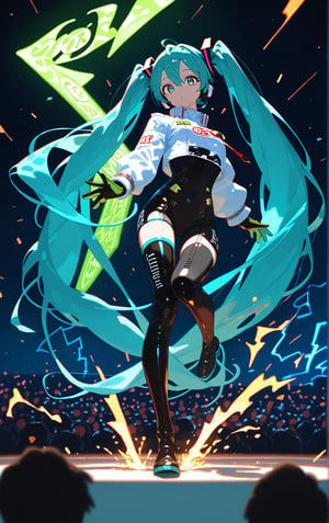 SCORE_9, SCORE_8_UP, SCORE_7_UP, SCORE_6_UP,

MASTERPIECE, BEST QUALITY, HIGH QUALITY, 
HIGHRES, ABSURDRES, PERFECT COMPOSITION,
INTRICATE DETAILS, ULTRA-DETAILED,
PERFECT FACE, PERFECT EYES,
NEWEST, 

Movie Poster page, (promotional poster), Hatsune Miku, 1female, solo, humanoid android, teal hair, teal eyes, white jacket, cropped jacket, long sleeves, two-tone gloves, black gloves, green gloves, black bodysuit, single thighhigh, single thigh boot, concert, Nippon Budokan, glowneon, glowing, sparks, lightning, shadow minimalism, (best quality), (masterpiece), detailed, beautiful detailed eyes, perfect anatomy, perfect body, perfect face, perfect hair, perfect legs, perfect hands, perfect arms, perfect fingers, detailed hair, detailed face, detailed eyes, detailed clothes, detailed skin, ultra-detailed, (full body), (upper body), (top quality), pop art, extremely detailed, extremely detailed CG, (high resolution), highly detailed, (high quality), (perfect quality), (glitchcore colors), racingmiku2022,