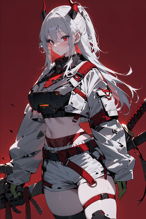 SCORE_9, SCORE_8_UP, SCORE_7_UP, SCORE_6_UP,

MASTERPIECE, BEST QUALITY, HIGH QUALITY, 
HIGHRES, ABSURDRES, PERFECT COMPOSITION,
INTRICATE DETAILS, ULTRA-DETAILED,
PERFECT FACE, PERFECT EYES,
NEWEST, 

full_body, red_background, sword, horns, weapon, 1girl, solo, sheath, ponytail, sheathed, red_eyes, katana, jewelry, earrings, white_hair, scabbard, holding_weapon, long_sleeves, simple_background, long_hair, holding_sword, standing, white_coat, ear_piercing, side_view, closed_mouth, holding, piercing, white_shorts, crop_jacket, pale_skin, belt, devil_horns, sleeves_past_wrists, mechanical_hand, large_boobs, armor, futuristic_armor, breast_plate, breast_armor, TechStreetwear, cyberpunk