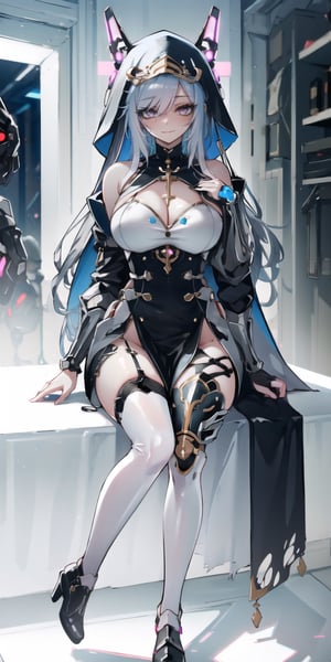 BEST QUALITY, HIGHRES, ABSURDRES, HIGH_RESOLUTION, MASTERPIECE, SUPER DETAIL, HYPER DETAIL, INTRICATE_DETAILS, PERFECTEYES, DARK EYELASHES, EYELINER, SOFT GLOWING EYES, 64K, SCORE_9,

1girl, nun, long_hair, black_hair, habit, breasts, high_heels, thighhighs, sitting, large_breasts, looking_at_viewer, bare_shoulders, black_footwear, pink_hair, smile, detached_sleeves, dress, solo, pink_eyes, black_legwear, cleavage, sleeves_past_wrists, blush, very_long_hair, piercing, long_sleeves, black_dress, closed_mouth, bangs, multicolored_hair, cross, jewelry, full_body, brown_legwear, shoes, garter_straps, purple_eyes, swimsuit, eyebrows_visible_through_hair, fishnets, blue_hair, hair_between_eyes, between_legs, grey_hair, red_eyes, hood, bikini, necklace, sleeves_past_fingers, sleeveless, sketch, pelvic_curtain, see-through, dark theme, backlighting, cinematic, volumetric light,marumoru_style, cyborg, armored boots, breastplate, full armor, gauntlets, gloves, headgear, helmet, mask, cape, cloak, coat, torn clothes, pelvic curtain, scarf, mechanical_legs, augmented_leg,