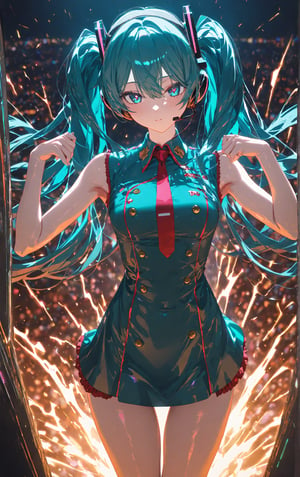 SCORE_9, SCORE_8_UP, SCORE_7_UP, SCORE_6_UP,

MASTERPIECE, BEST QUALITY, HIGH QUALITY, 
HIGHRES, ABSURDRES, PERFECT COMPOSITION,
INTRICATE DETAILS, ULTRA-DETAILED,
PERFECT FACE, PERFECT EYES,
NEWEST, 

Movie Poster page, (promotional poster), Hatsune Miku, 1female, solo, humanoid android, teal hair, teal eyes, singer's uniform, headset, WeirdOutfit style, concert, Nippon Budokan, glowneon, glowing, sparks, lightning, shadow minimalism, (best quality), (masterpiece), detailed, beautiful detailed eyes, perfect anatomy, perfect body, perfect face, perfect hair, perfect legs, perfect hands, perfect arms, perfect fingers, detailed hair, detailed face, detailed eyes, detailed clothes, detailed skin, ultra-detailed, (full body), (upper body), (top quality), pop art, extremely detailed, extremely detailed CG, (high resolution), highly detailed, (high quality), (perfect quality), (glitchcore colors), rabbitholemiku