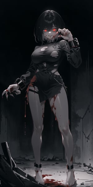 BEST QUALITY, HIGHRES, ABSURDRES, HIGH_RESOLUTION, MASTERPIECE, SUPER DETAIL, HYPER DETAIL, INTRICATE_DETAILS, LIGNE_CLAIRE, PERFECTEYES, DARK EYELASHES, EYELINER, SOFT GLOWING EYES,

mature_female, large_breasts, super dark theme, blank_eyes, dead_eyes, empty_pupil, empty_eyes, standing, (((bare_feet))), (((red_eye, glowing_eyes))),
sadistic smile, (((ripped_clothes, ripped_clothing, torn_clothes))), basement, (((bloody, blood on face, blood everywhere))), ((monochrome)), (((bloodyface))), (((Shackles on the ankle))), (((claws))), (((sharp_nails))),