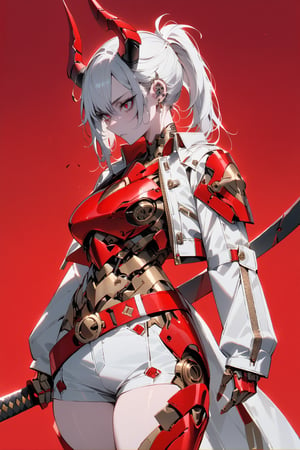 SCORE_9, SCORE_8_UP, SCORE_7_UP, SCORE_6_UP,

MASTERPIECE, BEST QUALITY, HIGH QUALITY, 
HIGHRES, ABSURDRES, PERFECT COMPOSITION,
INTRICATE DETAILS, ULTRA-DETAILED,
PERFECT FACE, PERFECT EYES,
NEWEST, 

full_body, red_background, sword, horns, weapon, 1girl, solo, sheath, ponytail, sheathed, red_eyes, katana, jewelry, earrings, white_hair, scabbard, holding_weapon, long_sleeves, simple_background, long_hair, holding_sword, standing, white_coat, ear_piercing, side_view, closed_mouth, holding, cowboy_shot, piercing, white_shorts, crop_jacket, pale_skin, belt, devil_horns, sleeves_past_wrists, mechanical_hand, mechanical_body, cyborg, large_boobs, armor, breast_plate,