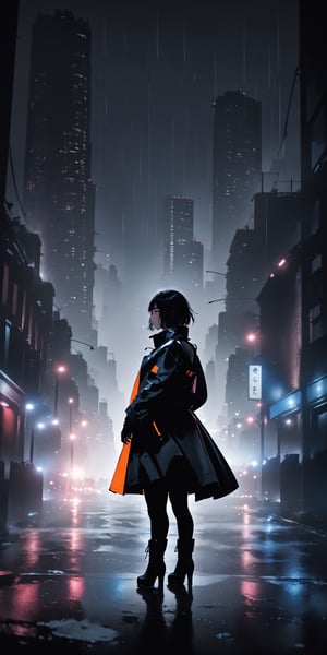 SCORE_9, SCORE_8_UP, SCORE_7_UP, SCORE_6_UP,
BEST QUALITY, HIGHRES, ABSURDRES, 4K, 8K, 64K,
MASTERPIECE, SUPER DETAIL, INTRICATE_DETAILS, PERFECTEYES,

1girl, sole_female, raining, standing in front of building,
holding black umbrella, brown_hair, black_footwear, high_heels, short_hair, jacket, high_heel_boots, boots, black_gloves, gloves, bangs, full_body, pantyhose, black_jacket, dress, brown_eyes, long_sleeves, closed_mouth, open_clothes, bob_cut, shoes, coat, short_dress, grey background, skyscraper background, toned down, real life, emotionless, modern, voulmetric light, cinematic light, dark environment, black theme