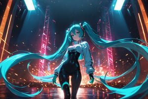 SCORE_9, SCORE_8_UP, SCORE_7_UP, SCORE_6_UP,

MASTERPIECE, BEST QUALITY, HIGH QUALITY, 
HIGHRES, ABSURDRES, PERFECT COMPOSITION,
INTRICATE DETAILS, ULTRA-DETAILED,
PERFECT FACE, PERFECT EYES,
NEWEST, 

Movie Poster page, (promotional poster), Hatsune Miku, 1female, solo, humanoid android, teal hair, teal eyes, white jacket, cropped jacket, long sleeves, two-tone gloves, black gloves, green gloves, black bodysuit, single thighhigh, single thigh boot, concert, Nippon Budokan, glowneon, glowing, sparks, lightning, shadow minimalism, (best quality), (masterpiece), detailed, beautiful detailed eyes, perfect anatomy, perfect body, perfect face, perfect hair, perfect legs, perfect hands, perfect arms, perfect fingers, detailed hair, detailed face, detailed eyes, detailed clothes, detailed skin, ultra-detailed, (full body), (upper body), (top quality), pop art, extremely detailed, extremely detailed CG, (high resolution), highly detailed, (high quality), (perfect quality), (glitchcore colors), racingmiku2022,