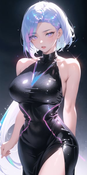 BEST QUALITY, HIGHRES, ABSURDRES, HIGH_RESOLUTION, MASTERPIECE, SUPER DETAIL, HYPER DETAIL, INTRICATE_DETAILS, LIGNE_CLAIRE, PERFECTEYES, DARK EYELASHES, EYELINER, SOFT GLOWING EYES,

mature_female, tight_clothes, pencil_dress, (slicked_back_hair:1.4), hime_cut, (iridescent_hair:1.4), standing, (iridescent_clothing:1.4), animeniji, leg_slit, sleeveless_dress, iridescent theme, solo