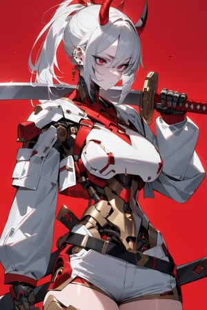 SCORE_9, SCORE_8_UP, SCORE_7_UP, SCORE_6_UP,

MASTERPIECE, BEST QUALITY, HIGH QUALITY, 
HIGHRES, ABSURDRES, PERFECT COMPOSITION,
INTRICATE DETAILS, ULTRA-DETAILED,
PERFECT FACE, PERFECT EYES,
NEWEST, 

red_background, sword, horns, weapon, 1girl, solo, sheath, ponytail, sheathed, red_eyes, katana, jewelry, earrings, white_hair, scabbard, holding_weapon, long_sleeves, simple_background, long_hair, holding_sword, standing, white_coat, ear_piercing, side_view, closed_mouth, holding, cowboy_shot, piercing, white_shorts, crop_jacket, pale_skin, belt, devil_horns, sleeves_past_wrists, mechanical_hand, mechanical_body, cyborg, robotic, large_boobs, armor, breast_plate,