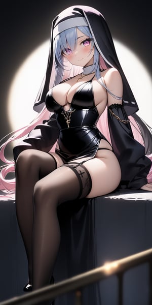 BEST QUALITY, HIGHRES, ABSURDRES, HIGH_RESOLUTION, MASTERPIECE, SUPER DETAIL, HYPER DETAIL, INTRICATE_DETAILS, PERFECTEYES, DARK EYELASHES, EYELINER, SOFT GLOWING EYES, 64K, SCORE_9,

1girl, nun, long_hair, black_hair, habit, breasts, high_heels, thighhighs, sitting, large_breasts, looking_at_viewer, bare_shoulders, black_footwear, pink_hair, smile, detached_sleeves, dress, solo, pink_eyes, black_legwear, cleavage, sleeves_past_wrists, blush, very_long_hair, piercing, long_sleeves, black_dress, closed_mouth, bangs, multicolored_hair, cross, jewelry, full_body, brown_legwear, shoes, garter_straps, purple_eyes, swimsuit, eyebrows_visible_through_hair, fishnets, blue_hair, hair_between_eyes, between_legs, grey_hair, red_eyes, hood, bikini, necklace, sleeves_past_fingers, sleeveless, sketch, pelvic_curtain, see-through, dark theme, backlighting, cinematic, volumetric light, TechStreetwear,