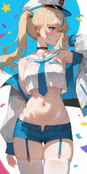 SCORE_9, SCORE_8_UP, SCORE_7_UP, SCORE_6_UP,

MASTERPIECE, BEST QUALITY, HIGH QUALITY, 
HIGHRES, ABSURDRES, PERFECT COMPOSITION,
INTRICATE DETAILS, ULTRA-DETAILED,
PERFECT FACE, PERFECT EYES,
NEWEST, 

1girl, shorts, crop_top, midriff, long_hair, blue_eyes, thighhighs, solo, navel, shirt, breasts, sleeveless, jacket, short_shorts, bare_shoulders, crop_top_overhang, sleeveless_shirt, garter_straps, cowboy_shot, stomach, white_legwear, blue_neckwear, blonde_hair, thighs, suspenders, earrings, blue_shorts, off_shoulder, white_shirt, sailor_collar, open_jacket, wings, highleg, profile, standing, necktie, long_sleeves, skindentation, looking_away, sidelocks, choker, parted_lips, clothes_writing, open_clothes, medium_breasts, jewelry, ponytail, open_mouth, looking_at_viewer, multicolored_hair, ear_piercing, hair_between_eyes, bandaid, panties, bangs, very_long_hair, hair_ornament, see-through, large_breasts, white_jacket, star_(symbol), piercing, ribbon, hat, black_shirt, belt, underwear, black_neckwear, confetti, :o, grey_legwear, micro_shorts, armpits, blush, floating_hair, streaked_hair, twintails, highleg_panties, detached_sleeves, blue_hair