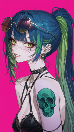 SCORE_9, SCORE_8_UP, SCORE_7_UP, SCORE_6_UP, 
MASTERPIECE, BEST QUALITY, HIGH QUALITY, 
HIGHRES, ABSURDRES,
INTRICATE DETAILS, ULTRA-DETAILED,
AESTHETIC,

1girl, solo, looking at viewer, jewelry, blue hair, ponytail, multicolored hair, earrings, green hair, glasses, teeth, tattoo, makeup, colored skin, piercing, pink background, sunglasses, ear piercing, portrait, skull, stitches, nose piercing, lip piercing