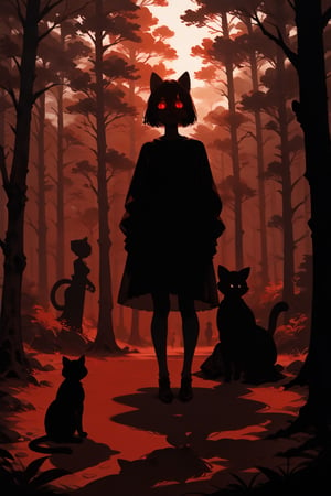 SCORE_9, SCORE_8_UP, SCORE_7_UP, SCORE_6_UP,

BEST QUALITY, HIGHRES, ABSURDRES,
MASTERPIECE, VERY AESTHETIC, 
INTRICATE DETAILS, PERFECTEYES,

red theme, horror theme, forest background,
1girl, (silhouette:1.4), backlighting, glowing eyes, facing_viewer, full_body, cats on ground,