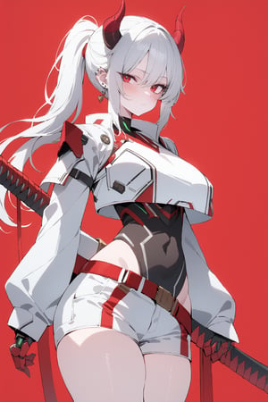 SCORE_9, SCORE_8_UP, SCORE_7_UP, SCORE_6_UP,

MASTERPIECE, BEST QUALITY, HIGH QUALITY, 
HIGHRES, ABSURDRES, PERFECT COMPOSITION,
INTRICATE DETAILS, ULTRA-DETAILED,
PERFECT FACE, PERFECT EYES,
NEWEST, 

full_body, red_background, sword, horns, weapon, 1girl, solo, sheath, ponytail, sheathed, red_eyes, katana, jewelry, earrings, white_hair, scabbard, holding_weapon, long_sleeves, simple_background, long_hair, holding_sword, standing, white_coat, ear_piercing, side_view, closed_mouth, holding, cowboy_shot, piercing, white_shorts, crop_jacket, pale_skin, belt, devil_horns, sleeves_past_wrists, mechanical_hand, large_boobs, futuristic armor, breast_plate,