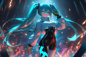 SCORE_9, SCORE_8_UP, SCORE_7_UP, SCORE_6_UP,

MASTERPIECE, BEST QUALITY, HIGH QUALITY, 
HIGHRES, ABSURDRES, PERFECT COMPOSITION,
INTRICATE DETAILS, ULTRA-DETAILED,
PERFECT FACE, PERFECT EYES,
NEWEST, 

Movie Poster page, (promotional poster), Hatsune Miku, 1female, solo, humanoid android, teal hair, teal eyes, white jacket, cropped jacket, long sleeves, two-tone gloves, black gloves, green gloves, black bodysuit, single thighhigh, single thigh boot, concert, Nippon Budokan, glowneon, glowing, sparks, lightning, shadow minimalism, (best quality), (masterpiece), detailed, beautiful detailed eyes, perfect anatomy, perfect body, perfect face, perfect hair, perfect legs, perfect hands, perfect arms, perfect fingers, detailed hair, detailed face, detailed eyes, detailed clothes, detailed skin, ultra-detailed, (full body), (upper body), (top quality), pop art, extremely detailed, extremely detailed CG, (high resolution), highly detailed, (high quality), (perfect quality), (glitchcore colors), racingmiku2022,