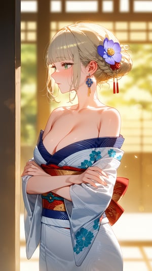 SCORE_9, SCORE_8_UP, SCORE_7_UP, SCORE_6_UP,

MASTERPIECE, BEST QUALITY, HIGH QUALITY, 
HIGHRES, ABSURDRES, PERFECT COMPOSITION,
INTRICATE DETAILS, ULTRA-DETAILED,
PERFECT FACE, PERFECT EYES,
NEWEST, 

1girl, kimono, breasts, solo, japanese_clothes, hair_ornament, blurry_background, bare_shoulders, blurry, bangs, jewelry, hair_bun, cleavage, blue_eyes, blush, outdoors, crossed_arms, floral_print, eyebrows_visible_through_hair, off_shoulder, flower, blonde_hair, earrings, parted_lips, blunt_bangs, indoors, half-closed_eyes, hair_flower, large_breasts, obi, profile, collarbone, short_hair, sidelocks, depth_of_field, medium_breasts, closed_mouth, braid, standing, hair_up, white_kimono, wide_sleeves, green_eyes, from_side, backlighting, sash, looking_away, alternate_costume, silver_hair