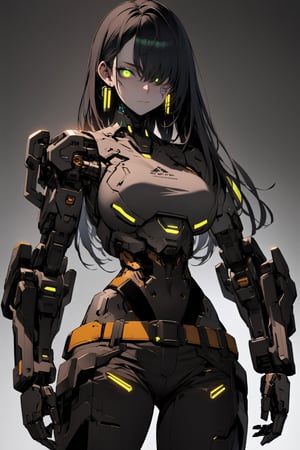 BEST QUALITY, HIGHRES, ABSURDRES, HIGH_RESOLUTION, MASTERPIECE, SUPER DETAIL, HYPER DETAIL, INTRICATE_DETAILS, PERFECTEYES, DARK EYELASHES, EYELINER, SOFT GLOWING EYES, 64K,

1girl, solo, pants, navel, black_hair, cyborg, yellow_eyes, belt, cowboy_shot, breasts, hair_over_one_eye, cyberpunk, midriff, looking_at_viewer, long_hair, prosthesis, standing, mechanical_arm, prosthetic_arm, large_breasts, weapon, armor, closed_mouth, green_eyes, mechanical_arms, crop_top, earrings, white_background, grey_background, simple_background, gloves, science_fiction, jewelry, tattoo, full body, augmentation, augmented_body, cyborg, leotard, black theme,