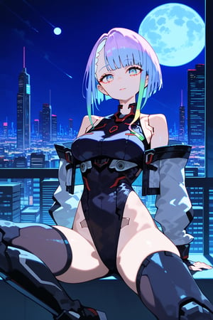 SCORE_9, SCORE_8_UP, SCORE_7_UP, SCORE_6_UP,

MASTERPIECE, BEST QUALITY, HIGH QUALITY, 
HIGHRES, ABSURDRES, PERFECT COMPOSITION,
INTRICATE DETAILS, ULTRA-DETAILED,
PERFECT FACE, PERFECT EYES,
NEWEST, 

1girl, moon, night, city, full_moon, cityscape, looking_at_viewer, sitting, solo, skyscraper, building, night_sky, sky, window, outdoors, 

LUCY, SHORT HAIR, BANGS, BLUE EYES, BLUE HAIR, MULTICOLORED HAIR, MAKEUP, MULTICOLORED EYES, BODYSUIT, JACKET, LEOTARD, MONOWIRE, OFF SHOULDER, OFF-SHOULDER JACKET, OPEN CLOTHES, OPEN JACKET, SKINDENTATION, cyborg, thighhighs boots, hip vent, highleg leotard,