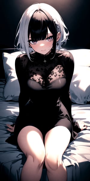 (BEST QUALITY:1.4), (HIGHRES:1.4), HIGH_RESOLUTION, MASTERPIECE, SIDELIGHTING, CINEMATIC LIGHTING, DETAILED LIGHTING, VOLUMETRIC LIGHTING, SUPER DETAIL, HYPER DETAIL, INTRICATE_DETAILS, LIGNE_CLAIRE, PERPECT FACE,

mature_female, laying_in_bed, top_view, tight_dress, black_clothes, two-tone-hair, black-hair, white-hair
