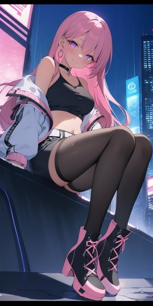 BEST QUALITY, HIGHRES, ABSURDRES, HIGH_RESOLUTION, MASTERPIECE, SUPER DETAIL, HYPER DETAIL, INTRICATE_DETAILS, PERFECTEYES, DARK EYELASHES, EYELINER, SOFT GLOWING EYES, 64K, SCORE_9,

1girl, long_hair, jacket, pink_hair, midriff, crop_top, solo, looking_at_viewer, shoes, building, sitting, belt, weapon, black_shirt, shorts, hood, smile, nail_polish, long_sleeves, boots, black_shorts, choker, full_body, holding, bare_shoulders, jewelry, backlighting, sneakers, shirt, navel, pantyhose, breasts, pink_footwear, black_legwear, pink_jacket, off_shoulder, outdoors, skyscraper, open_jacket, hair_between_eyes, pink_eyes, from_below, open_clothes, night, pants, closed_mouth, stairs, pink_nails, sword, multicolored_hair, earrings, bangs, neon_lights, virtual_youtuber, lace-up_boots, city, window, black_pants, hat, medium_breasts, black_footwear, holding_weapon, collarbone, hood_up, sleeveless_shirt, indoors, railing, stomach, sleeveless, white_jacket, short_shorts, black_jacket, thighhighs, blush, cityscape, chain, cross-laced_footwear, long_legs, blurry, eyebrows_visible_through_hair, crossed_legs, black_skirt, skirt, ground_vehicle, puffy_sleeves, crop_top_overhang, sidelocks, high_heels, day, leaning_back, sleeves_past_wrists, rain, mole, black_choker, large_breasts, bag, hoop_earrings, shadow, white_belt, purple_eyes, ring, depth_of_field, darker, english-text legwear, glow_in_the_dark, glow, Tattoo, tattoos