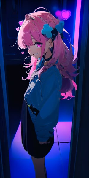 BEST QUALITY, HIGHRES, ABSURDRES, HIGH_RESOLUTION, MASTERPIECE, SUPER DETAIL, HYPER DETAIL, INTRICATE_DETAILS, LIGNE_CLAIRE, PERFECTEYES, DARK EYELASHES, EYELINER, SOFT GLOWING EYES,

1girl, solo, long hair, looking at viewer, smile, bangs, hair ornament, pink hair, heart, choker, pink eyes, grin, collar, english text, bandaid, heart hair ornament, bandaid on face, colorful, sticker, neon lights, blacklight, collared shirt, rolled up sleeve, business skirt, full_body, view from away, facing_viewer,