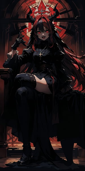 BEST QUALITY, HIGHRES, ABSURDRES, HIGH_RESOLUTION, MASTERPIECE, SUPER DETAIL, HYPER DETAIL, INTRICATE_DETAILS, PERFECTEYES, DARK EYELASHES, EYELINER, SOFT GLOWING EYES, 64K,

1girl, solo, long hair, looking at viewer, smile, open mouth, bangs, red eyes, thighhighs, gloves, long sleeves, jewelry, sitting, red hair, multicolored hair, horns, teeth, black gloves, puffy sleeves, black thighhighs, indoors, blunt bangs, necklace, glowing, fangs, demon girl, crossed legs, cross, demon horns, glowing eyes, nun, habit, cross necklace, stained glass, church, expressionless,Black