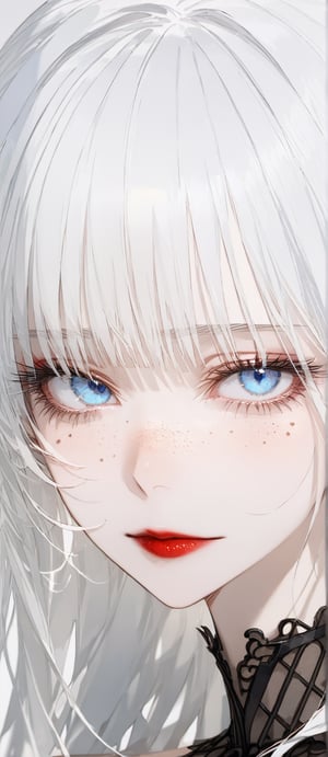 SCORE_9, SCORE_8_UP, SCORE_7_UP, SCORE_6_UP,

MASTERPIECE, BEST QUALITY, HIGH QUALITY, 
HIGHRES, ABSURDRES,
INTRICATE DETAILS, ULTRA-DETAILED,
NEWEST, AESTHETIC,

1girl, lips, solo, face, white_hair, nose, closed_mouth, (close-up:1.4), portrait, long_hair, freckles, eyelashes, bangs, makeup, simple_background, looking_at_viewer, red_lips, lipstick, hair_between_eyes, pale_skin, blue_eyes, white_skin, 