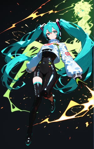 SCORE_9, SCORE_8_UP, SCORE_7_UP, SCORE_6_UP,

MASTERPIECE, BEST QUALITY, HIGH QUALITY, 
HIGHRES, ABSURDRES, PERFECT COMPOSITION,
INTRICATE DETAILS, ULTRA-DETAILED,
PERFECT FACE, PERFECT EYES,
NEWEST, 

Movie Poster page, (promotional poster), Hatsune Miku, 1female, solo, humanoid android, teal hair, teal eyes, white jacket, cropped jacket, long sleeves, two-tone gloves, black gloves, green gloves, black bodysuit, single thighhigh, single thigh boot, concert, Nippon Budokan, glowneon, glowing, sparks, lightning, shadow minimalism, (best quality), (masterpiece), detailed, beautiful detailed eyes, perfect anatomy, perfect body, perfect face, perfect hair, perfect legs, perfect hands, perfect arms, perfect fingers, detailed hair, detailed face, detailed eyes, detailed clothes, detailed skin, ultra-detailed, (full body), (upper body), (top quality), pop art, extremely detailed, extremely detailed CG, (high resolution), highly detailed, (high quality), (perfect quality), (glitchcore colors), racingmiku2022,