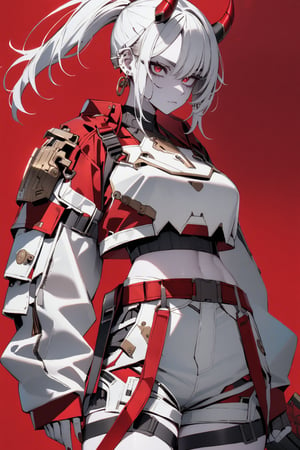 SCORE_9, SCORE_8_UP, SCORE_7_UP, SCORE_6_UP,

MASTERPIECE, BEST QUALITY, HIGH QUALITY, 
HIGHRES, ABSURDRES, PERFECT COMPOSITION,
INTRICATE DETAILS, ULTRA-DETAILED,
PERFECT FACE, PERFECT EYES,
NEWEST, 

full_body, red_background, sword, horns, weapon, 1girl, solo, sheath, ponytail, sheathed, red_eyes, katana, jewelry, earrings, white_hair, scabbard, holding_weapon, long_sleeves, simple_background, long_hair, holding_sword, standing, white_coat, ear_piercing, side_view, closed_mouth, holding, piercing, white_shorts, crop_jacket, pale_skin, belt, devil_horns, sleeves_past_wrists, mechanical_hand, large_boobs, armor, futuristic_armor, breast_plate, breast_armor, TechStreetwear